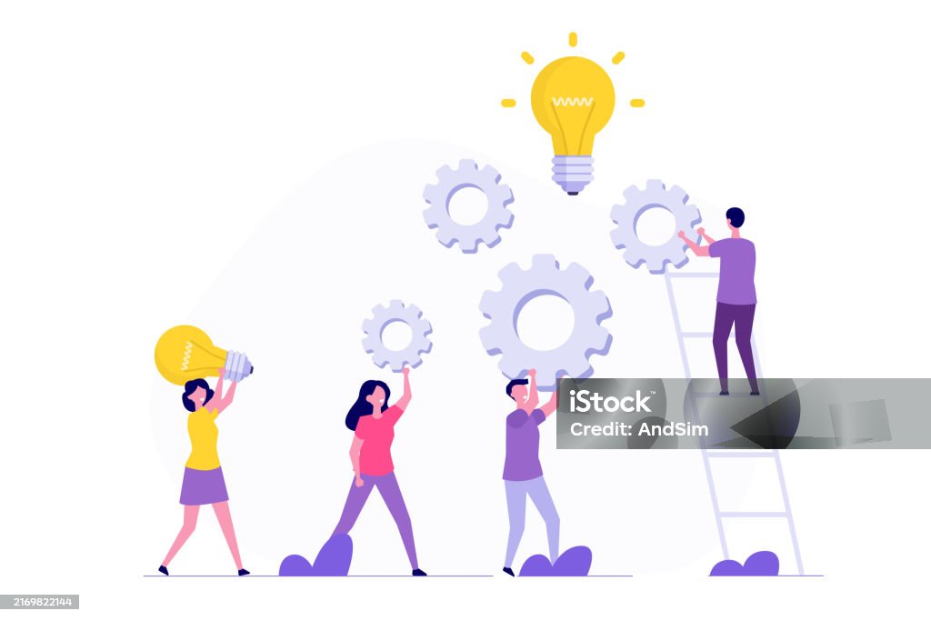 Work Operations Teamwork Assembling Cogwheels Together Vector ...