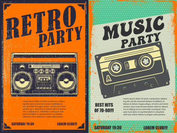 ilustraciones, imágenes clip art, dibujos animados e iconos de stock de retro party. poster template with retro style boombox. design element for banner, sign, flyer. vector illustration - disco audio analógico