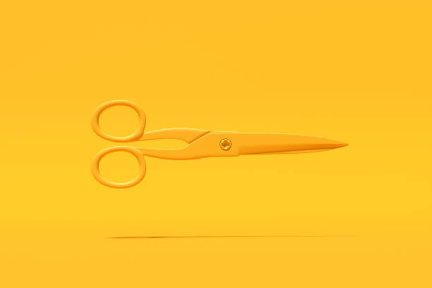 Pair of tailoring scissors is floating on a yellow background, creating a minimalist and colorful composition. 3d render.