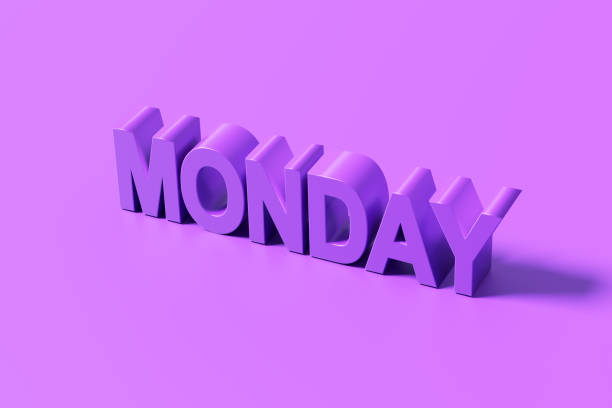 Vibrant 3d purple Monday text on shadowed background symbolizes fresh start and energy for new week.