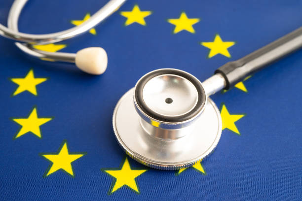 istock Stethoscope on EU flag background, Business and finance. 2169826176