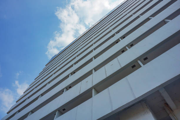 From under a high-rise building with a cloudy blue afternoon sky in the background.