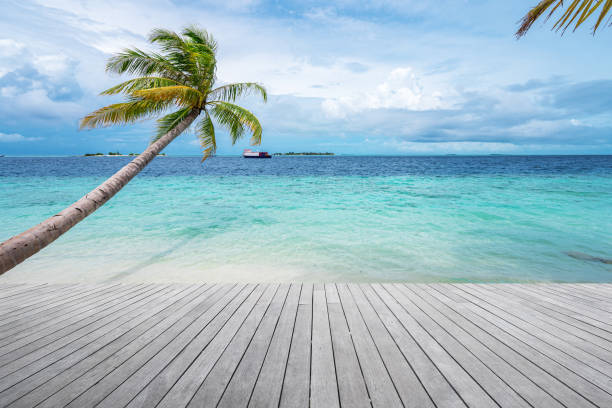 istock Empty wooden platform beside tropical sea shore 2169829415