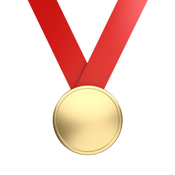 Gold medal isolated on white background. Red ribbon. 3d illustration.