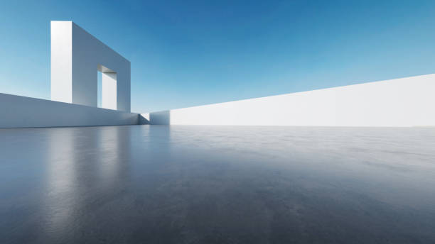 istock 3d render of abstract modern architecture with empty concrete floor, minimal white exterior, car presentation background 2169832846