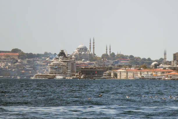 Ortakoy,Istanbul,Turkey.August 24,2024.Bosphorus view from Ortakoy, one of the most popular districts of Istanbul.The flow of life on the Bosphorus.A section of the vibrant life of the Bosphorus.