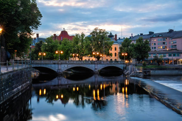 Orebro town cityscape with stone bridge. Sweden
