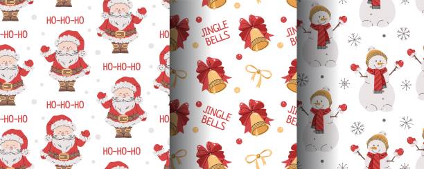 Collection of seamless Christmas patterns with Santa, snowman and bell in flat style. Holiday background with Christmas elements. Cartoon texture for fabric, wallpaper, wrapping paper. Collection of seamless Christmas patterns with Santa, snowman and bell in flat style. Holiday background with Christmas elements. Cartoon texture for fabric, wallpaper, wrapping paper bell sleeve stock illustrations