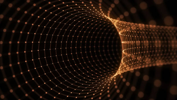Futuristic sci-fi circle portal in space. 3D ai tunnel with dots and lines. Abstract digital wormhole data. Flow particle by funnel. Fantasy circle vortex on dark background. 3D rendering.