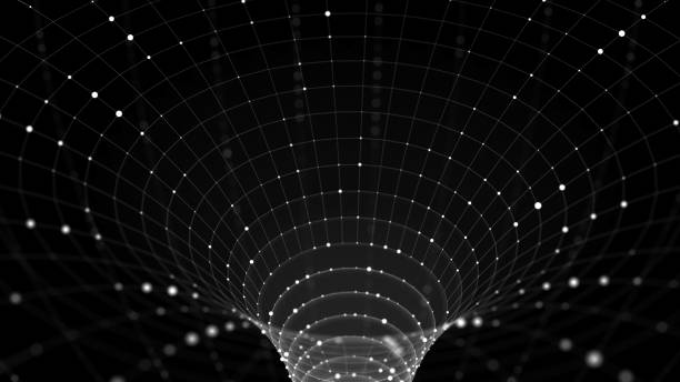 Futuristic sci-fi circle portal in space. 3D ai tunnel with dots and lines. Abstract digital wormhole data. Flow particle by funnel. Fantasy circle vortex on dark background. 3D rendering.