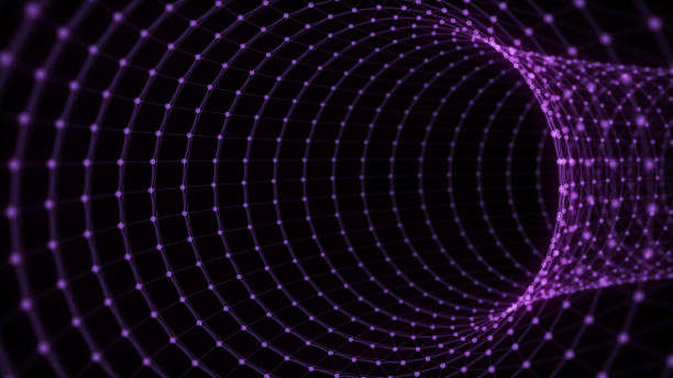 Futuristic sci-fi circle portal in space. 3D ai tunnel with dots and lines. Abstract digital wormhole data. Flow particle by funnel. Fantasy circle vortex on dark background. 3D rendering.