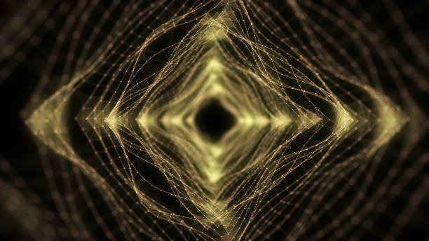Futuristic sci-fi square portal in space. 3D yellow ai tunnel with dots and lines. Abstract digital wormhole data. Flow particle by funnel. Fantasy circle vortex on dark background. 3D rendering.