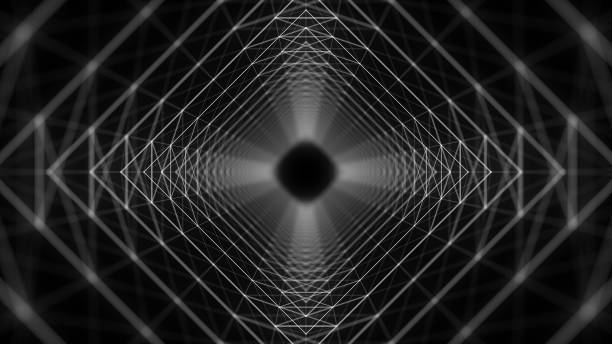 Futuristic sci-fi square portal in space. 3D ai tunnel with dots and lines. Abstract digital wormhole data. Flow particle by funnel. Fantasy circle vortex on dark background. 3D rendering.