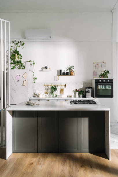 istock Modern kitchen with minimalist design, greenery, natural light, and sleek appliances in a bright, airy space 2169849656
