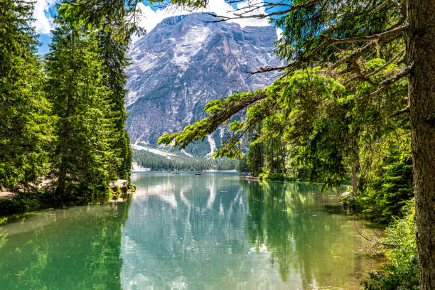 Pragse Wildsee or Lago di Braies in the Dolomites during a beautiful springtime day in the Italian Alps.