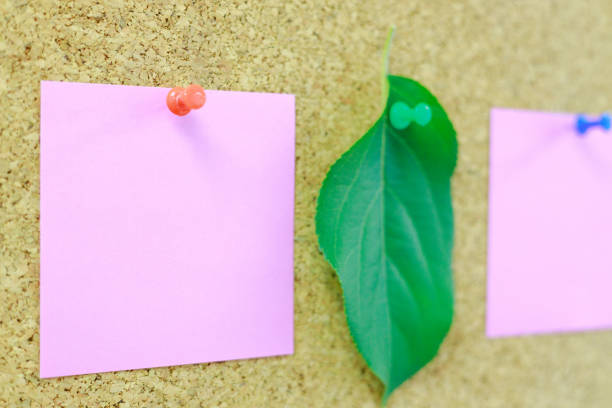 One white crumpled recycled reused paper letter blank empty message, with red colored smudges pinned on  textured gray bulletin board with thumbtack straight pin leaving ample copy space.