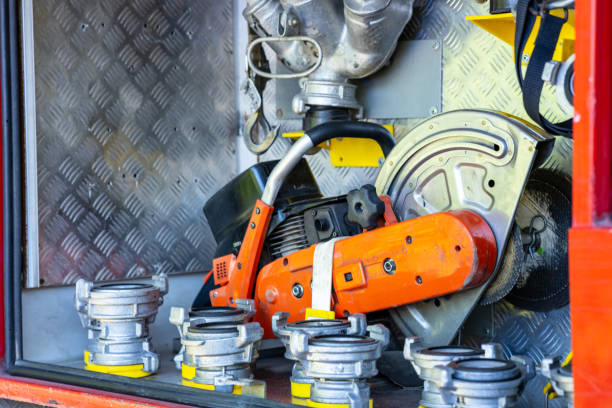 istock A fire truck with a large orange tool on the front 2169852986