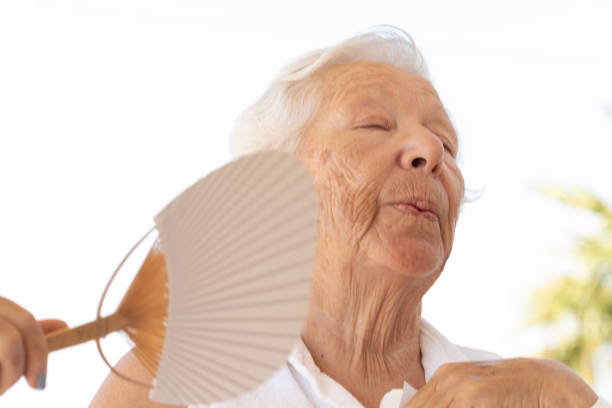 Senior woman is trying to cool herself using hand fan. Representing heat wave solutions.