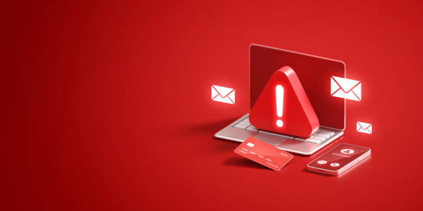 Scam fraud security warning crime internet technology phishing online alert digital risk protection 3d threat background with danger message spam cyber concept hacking attack email sms caution symbol.