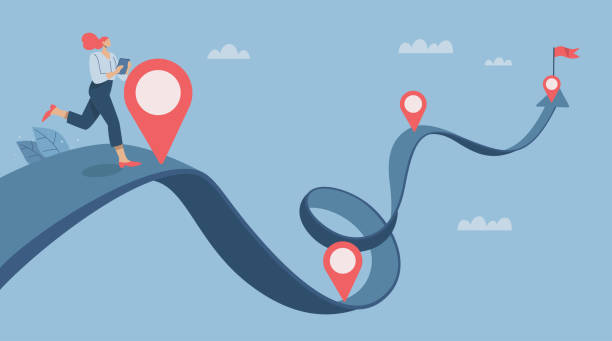 kuvapankkikuvitukset aiheesta naispuolinen projektipäällikkö, joka johtaa työtä projektin aikajanalla. edistyminen liiketoiminnassa, työprosessi tai työprosessi, aikajana menestykseen, etenemissuunnitelma, vektorisuunnittelun kuva. - liike