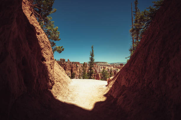 Majestic landscapes of the Bryce Canyon National Park. Hiking during a hot and dry summer day in the Walls Street trail and Navajo loop trail