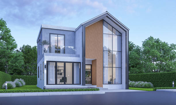 istock Modern house exterior evening view with lawn grass.3d rendering 2169864281