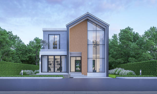 istock Modern house exterior evening view with lawn grass.3d rendering 2169864282