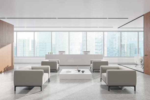 istock Office interior with reception, waiting space, meeting room and panoramic window 2169867199