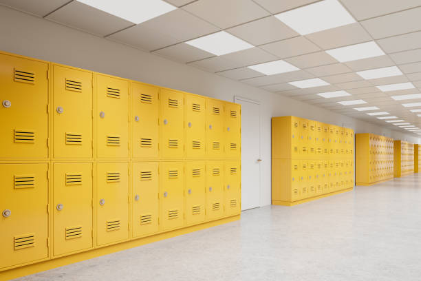 istock Bright yellow lockers in a school hallway. 3D Rendering 2169867247