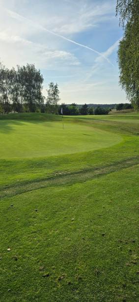 istock golf course with a green area, a hole, and a flagstick, surrounded by trees under a clear sky. 2169870659