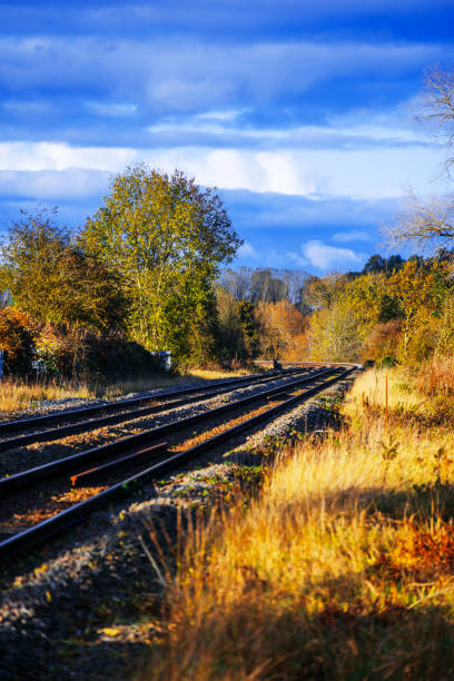Rural railway station Autumn Midlands UK Passenger commuter train arriving at rural country station with autumn colour surrounding it.