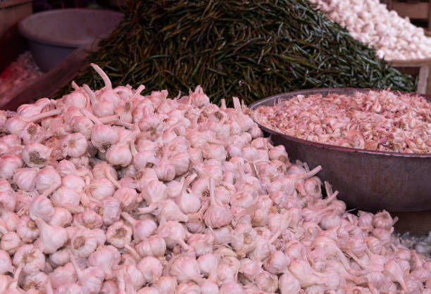Close-up view of garlic hanging in bunches at the market. Healthy diet. Garlic lowers blood pressure. Organic natural nutrition.