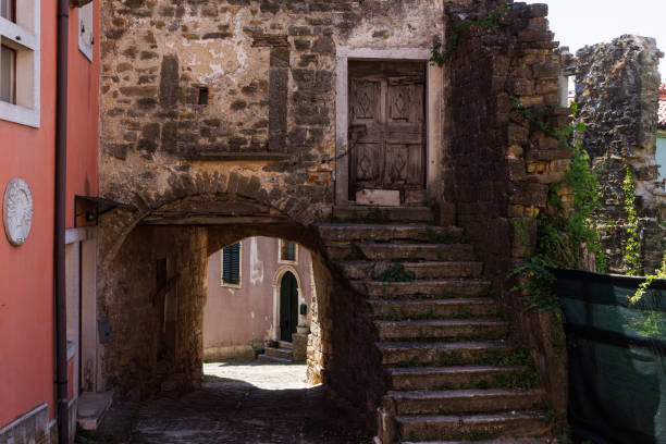 Arch and staircase of an old town ruins, Oprtalj, Istria, Croatia