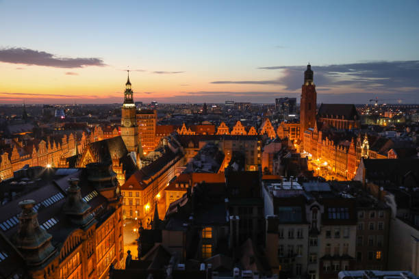 istock Wroclaw old town market square sunset blue hour aerial view Poland 2169890607