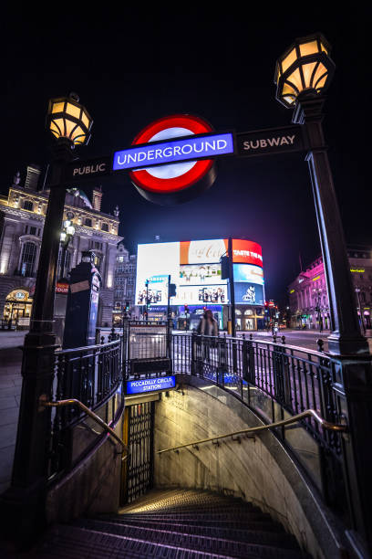 01 January 2016 London England Piccadilly Circus at night London Underground entry London England Europe