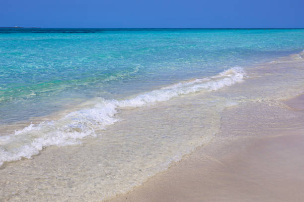 istock Empty sea beach with white sand, view to azure waves and blue sky 2169897694