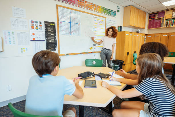 istock Hispanic teacher instructing a group of attentive students in a classroom, using a whiteboard for explanations. 2169899762