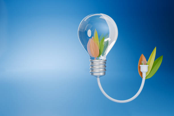 Light bulb with power plug Natural energy, environmentally friendly energy sources on blue background. Ecological concept design. 3D illustration