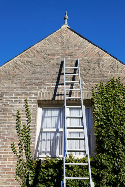 istock Metal ladder standing against house with yellow bricks 2169902453