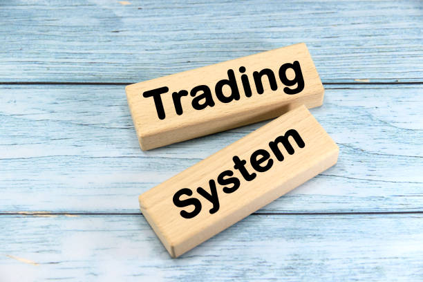 istock Trading System wording  or text on wood block with blue background.Copy space and business concept. 2169903185