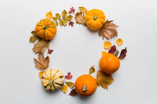 istock Autumn composition Pumpkins with fall leaves over coloredbackground. Top view with copy space 2169903366