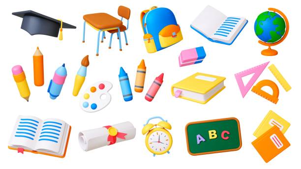 School 3d tools. Isolated elements of kindergarten college art workshop. Backpack brush colored pencil and paints palette, render pithy vector icons School 3d tools. Isolated elements of kindergarten college art workshop. Backpack brush colored pencil and paints palette, render pithy vector icons authors work pencil art cartoons stock illustrations