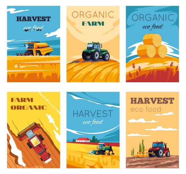 Agricultural machinery poster. Agriculture farming activity brochure, combine tractor field irrigation harvest crop agro flyers farm land landscape, recent vector illustration original artwork