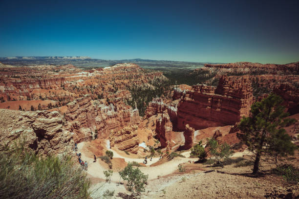 Bryce Canyon City, Utah, USA, July 5, 2024: Tourist on the trail of Bryce Canyon National Park on a hot summer day, on July 5, 2024 in Bryce Canyon City, Utah, USA.