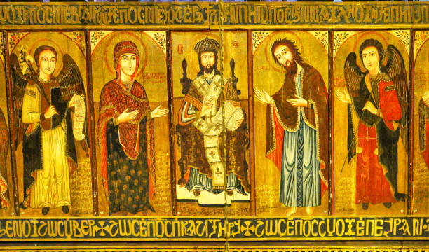 Close up of a panel featuring Coptic christian icons,including Jesus,Mary and other saints in the Nave of the Hanging Church, Al-Muallaqah or Saint Virgin Mary's Coptic Church in Coptic Cairo,Egypt