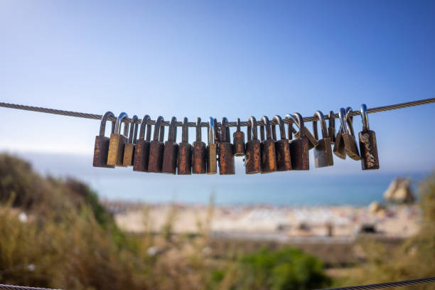 Various padlocks attached to a wire fence with a beach in the background, symbolizing love and commitment.