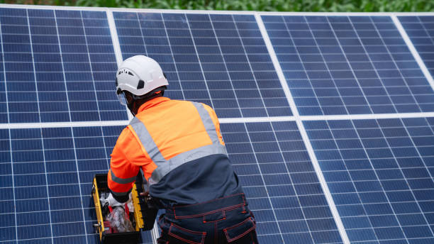 istock Service engineer check and maintenance solar panels in cultivation area. Clean energy concept. 2169919498