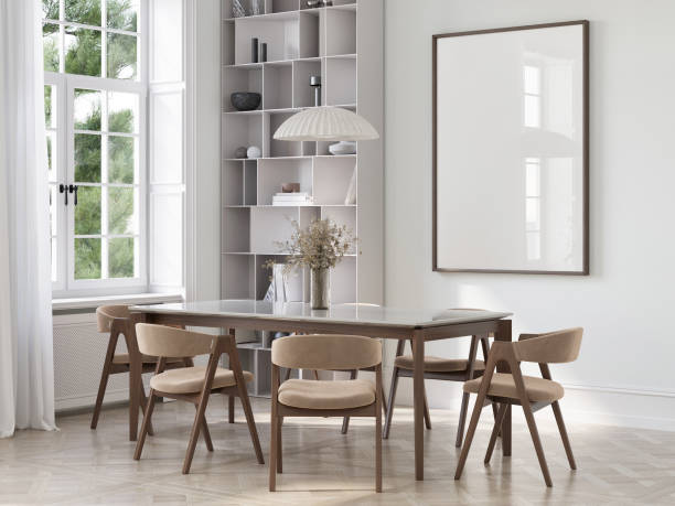 istock Dining room with mock up poster, interior minimalism design,. 2169921364