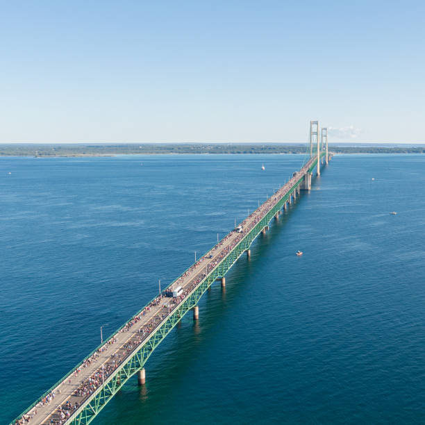 Aerial view of the crowd during the 2024 Mackinac Bridge Walk in Mackinaw City