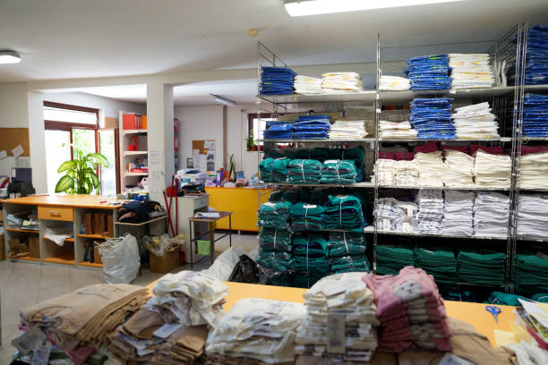 istock Folded clothing ready for distribution in textile factory 2169924886